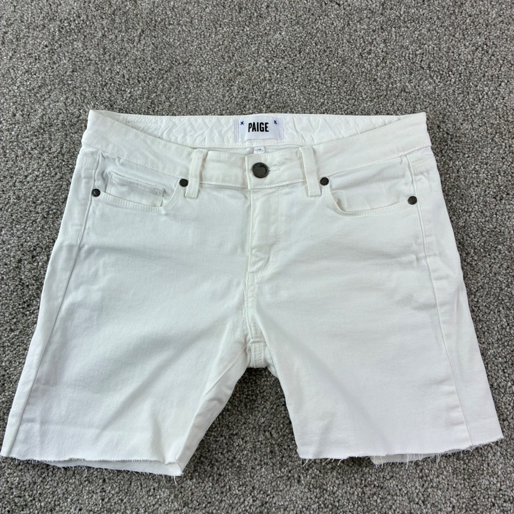 Paige Skyline Skinny White Denim Shorts Women 28 Frayed Hem Stretch Summer Beach